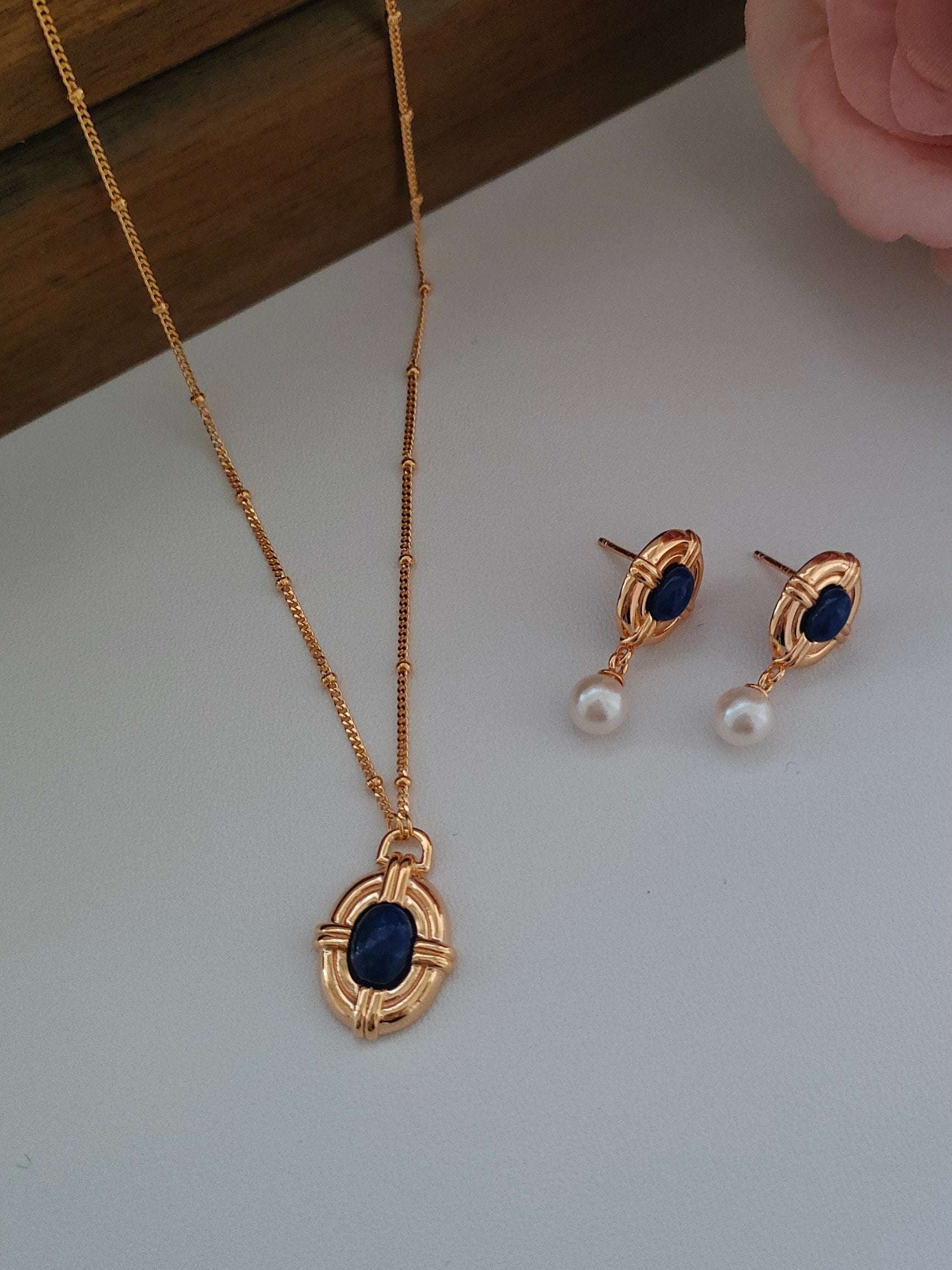 Lapis lazuli with chrysocolla antique gold plated necklace and outlet earrings set