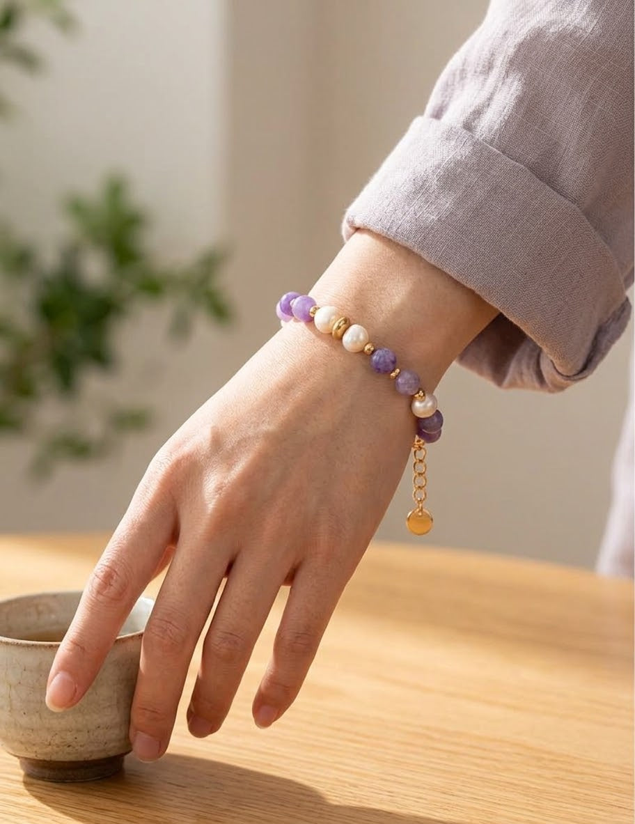 The Violette Amethyst & Pearl Beaded Bracelet | S925 Sterling Silver