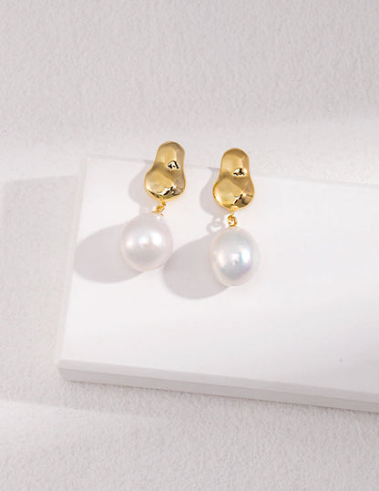 The Solene Organic Metal & Pearl Drop Earrings | S925 Sterling Silver