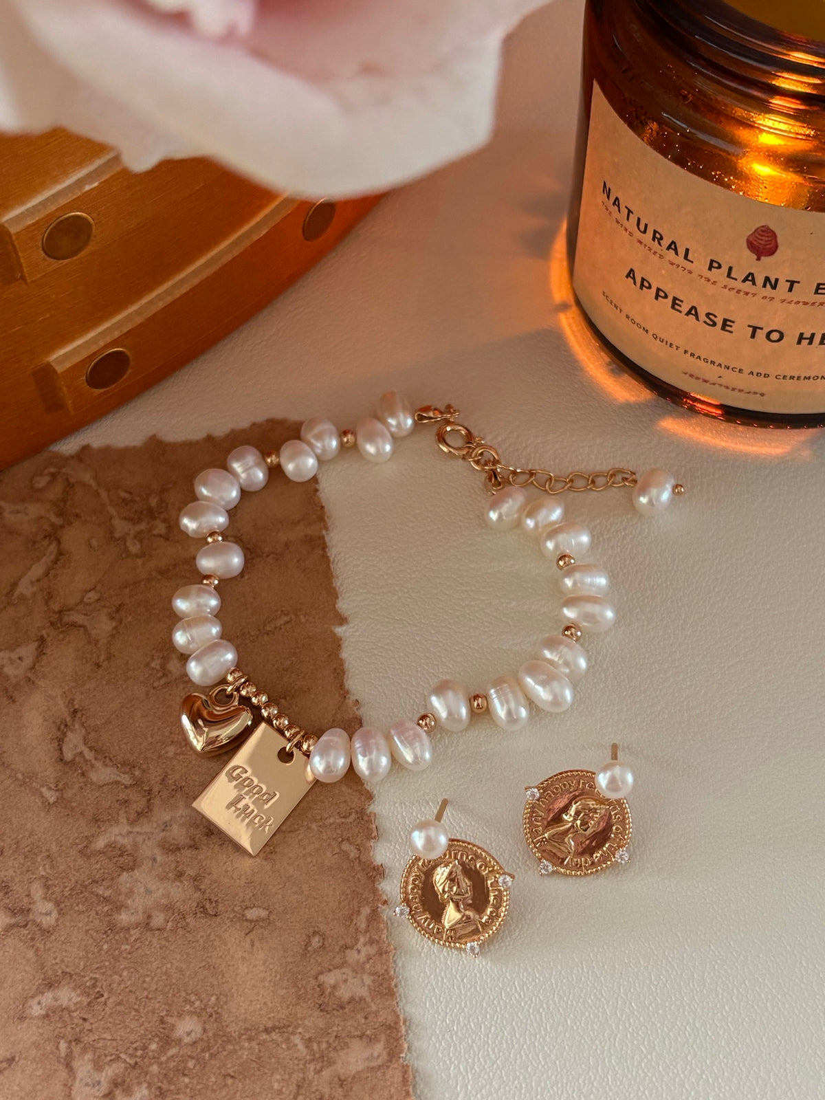 Handcrafted Freshwater Pearl Bracelet with Gold Heart & Good Luck Tag