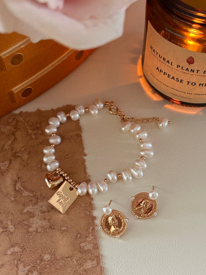 Handcrafted Freshwater Pearl Bracelet with Gold Heart & Good Luck Tag