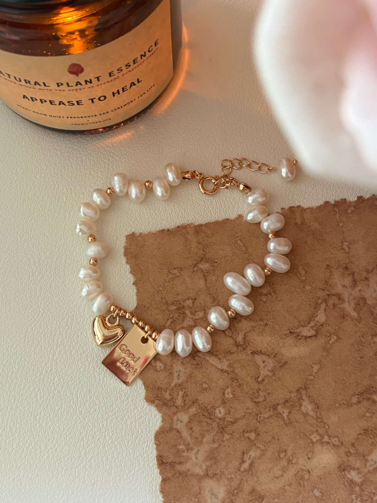 Handcrafted Freshwater Pearl Bracelet with Gold Heart & Good Luck Tag