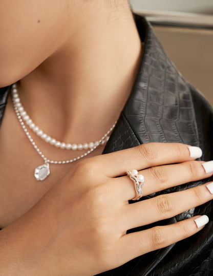 The Ondine Dual Pearl Wave Ring | S925 Sterling Silver