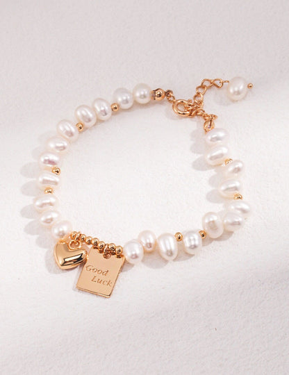 Handcrafted Freshwater Pearl Bracelet with Gold Heart & Good Luck Tag