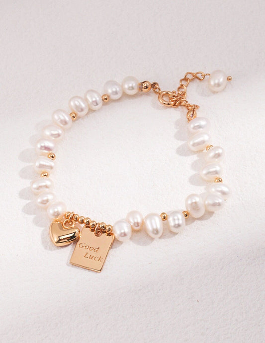 Handcrafted Freshwater Pearl Bracelet with Gold Heart & Good Luck Tag
