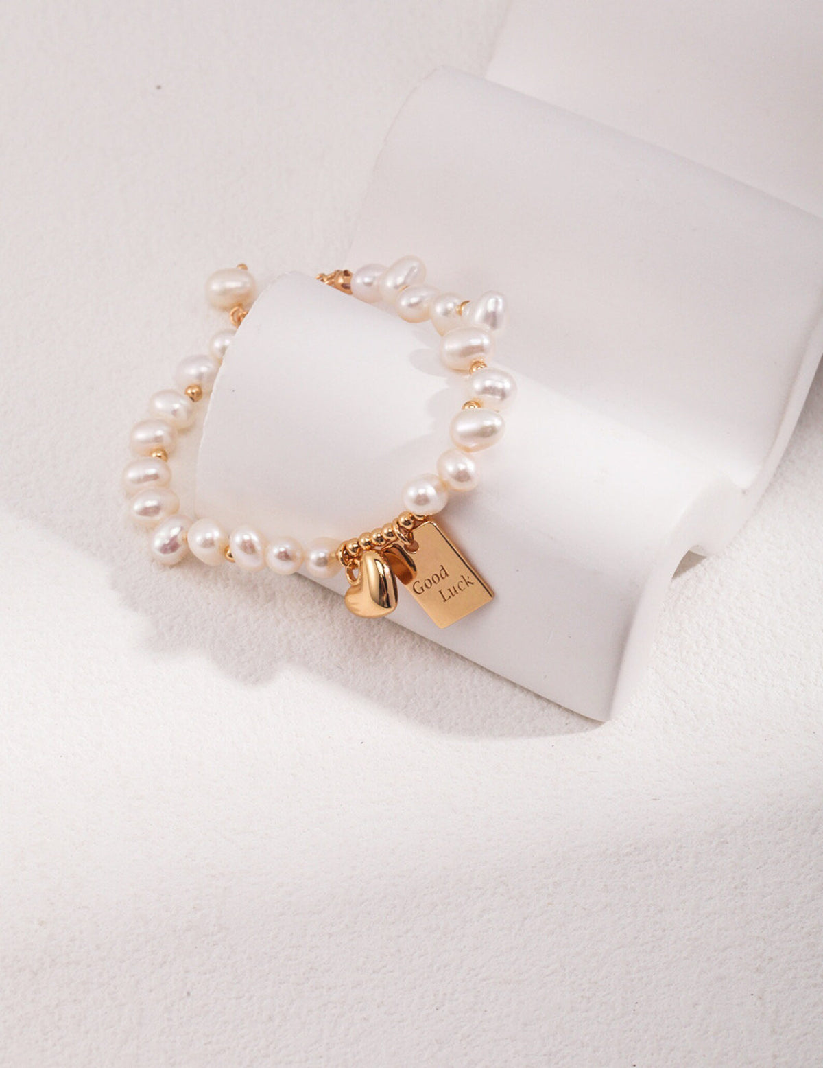Handcrafted Freshwater Pearl Bracelet with Gold Heart & Good Luck Tag