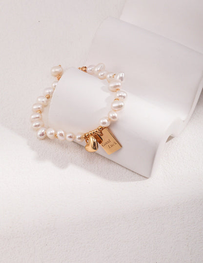 Handcrafted Freshwater Pearl Bracelet with Gold Heart & Good Luck Tag