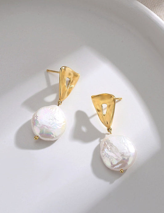 S925 Sterling Silver Baroque Pearl Drop Earrings – Geometric Gold Statement Earrings