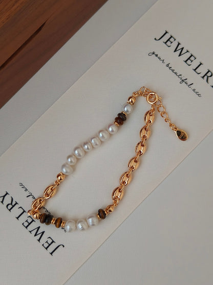 Tiger Eye Gemstone Pearl Bracelet