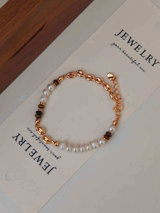 Tiger Eye Gemstone Pearl Bracelet